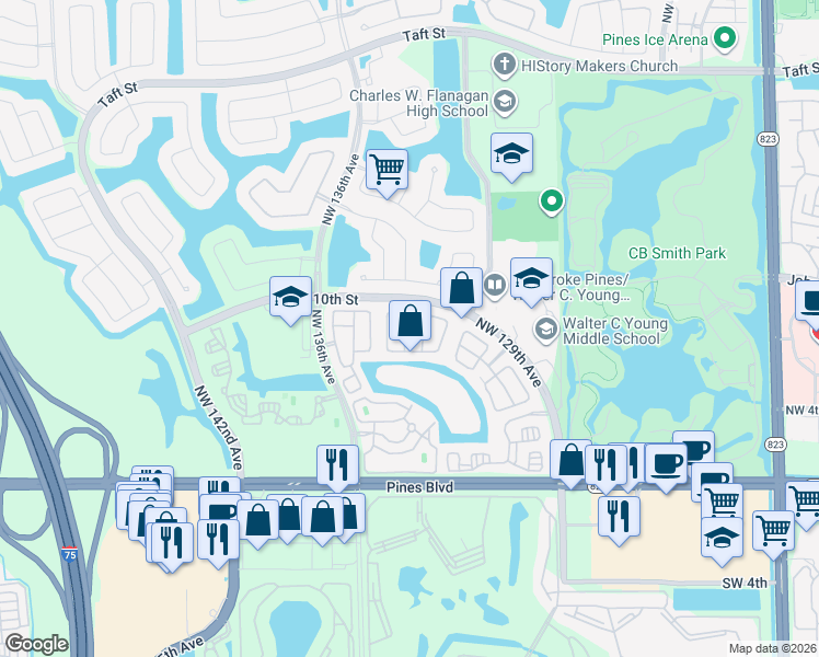 map of restaurants, bars, coffee shops, grocery stores, and more near 855 Northwest 132nd Avenue in Pembroke Pines