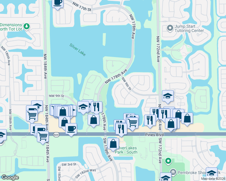 map of restaurants, bars, coffee shops, grocery stores, and more near 716 Northwest 177th Avenue in Pembroke Pines