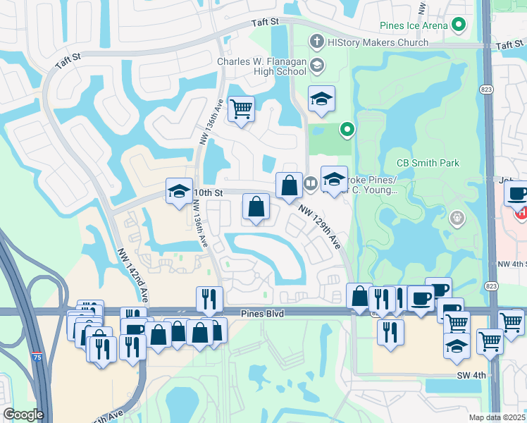 map of restaurants, bars, coffee shops, grocery stores, and more near 855 Northwest 132nd Avenue in Pembroke Pines