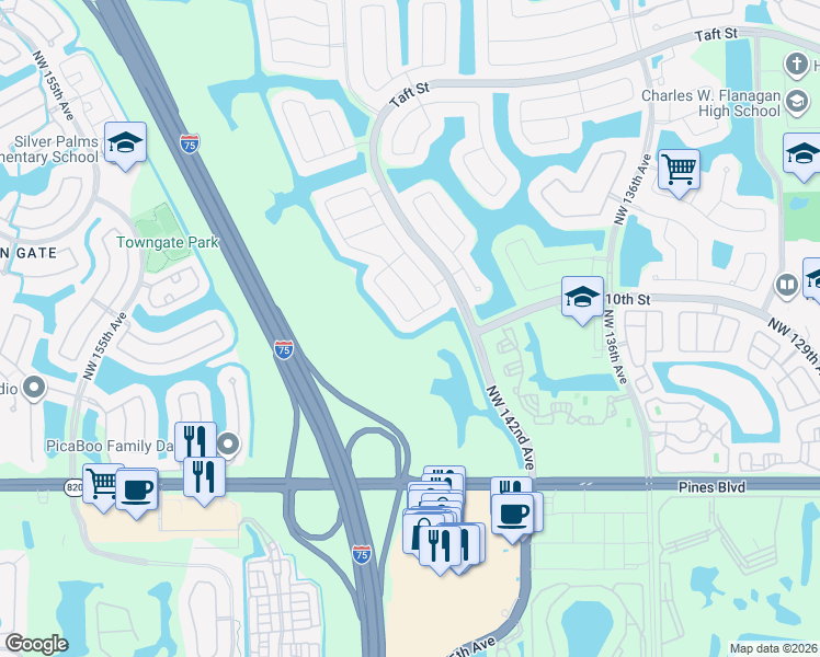 map of restaurants, bars, coffee shops, grocery stores, and more near 14460 Northwest 11th Street in Pembroke Pines
