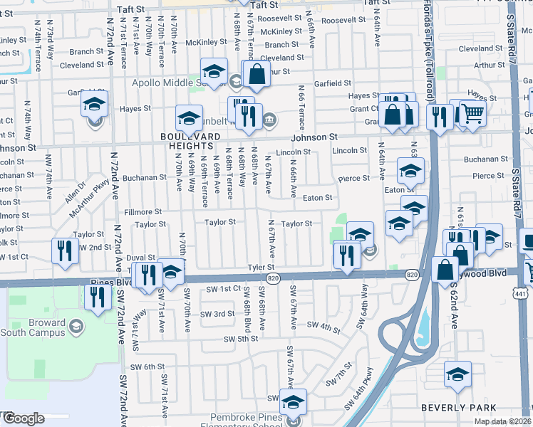 map of restaurants, bars, coffee shops, grocery stores, and more near 410 North 67th Avenue in Hollywood