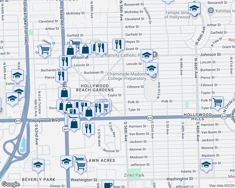map of restaurants, bars, coffee shops, grocery stores, and more near 5614 Taylor Street in Hollywood