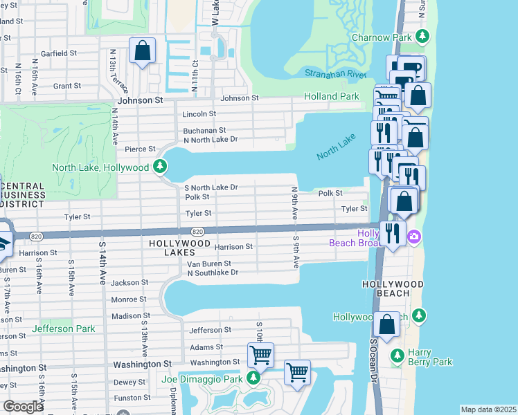 map of restaurants, bars, coffee shops, grocery stores, and more near 959 Tyler Street in Hollywood