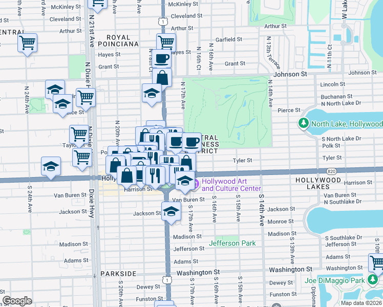 map of restaurants, bars, coffee shops, grocery stores, and more near 1641 Tyler Street in Hollywood