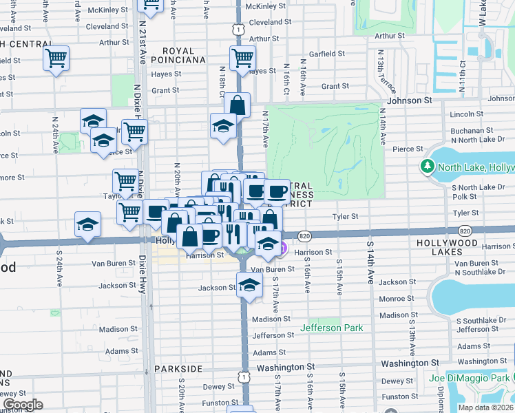 map of restaurants, bars, coffee shops, grocery stores, and more near 1776 Polk Street in Hollywood