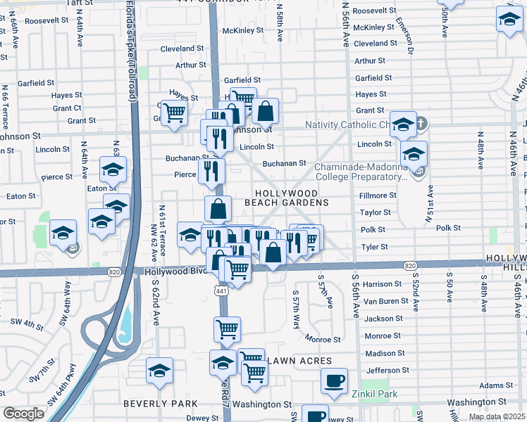 map of restaurants, bars, coffee shops, grocery stores, and more near 5829 Taylor Street in Hollywood