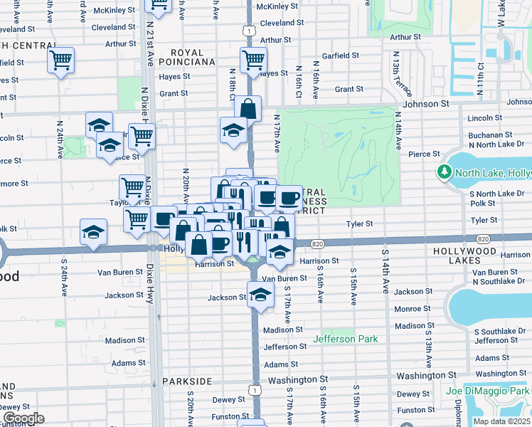 map of restaurants, bars, coffee shops, grocery stores, and more near 1780 Polk Street in Hollywood