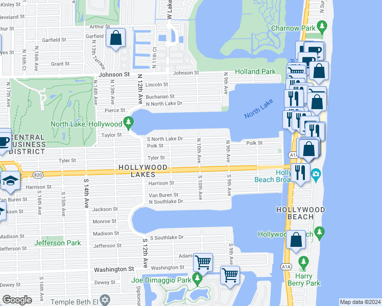 map of restaurants, bars, coffee shops, grocery stores, and more near 1037 Tyler Street in Hollywood