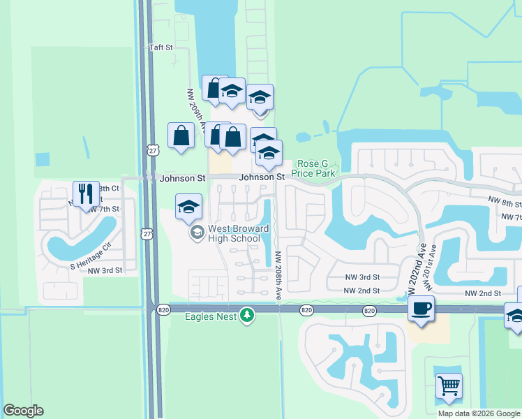 map of restaurants, bars, coffee shops, grocery stores, and more near 601 208th Circle in Pembroke Pines
