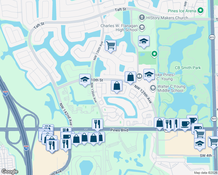 map of restaurants, bars, coffee shops, grocery stores, and more near 888 Northwest 133rd Avenue in Pembroke Pines