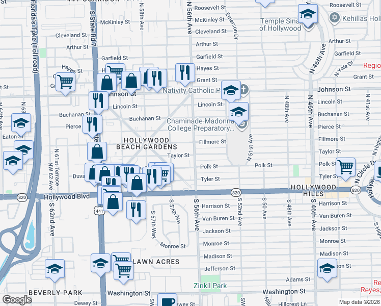 map of restaurants, bars, coffee shops, grocery stores, and more near 5605 Taylor Street in Hollywood