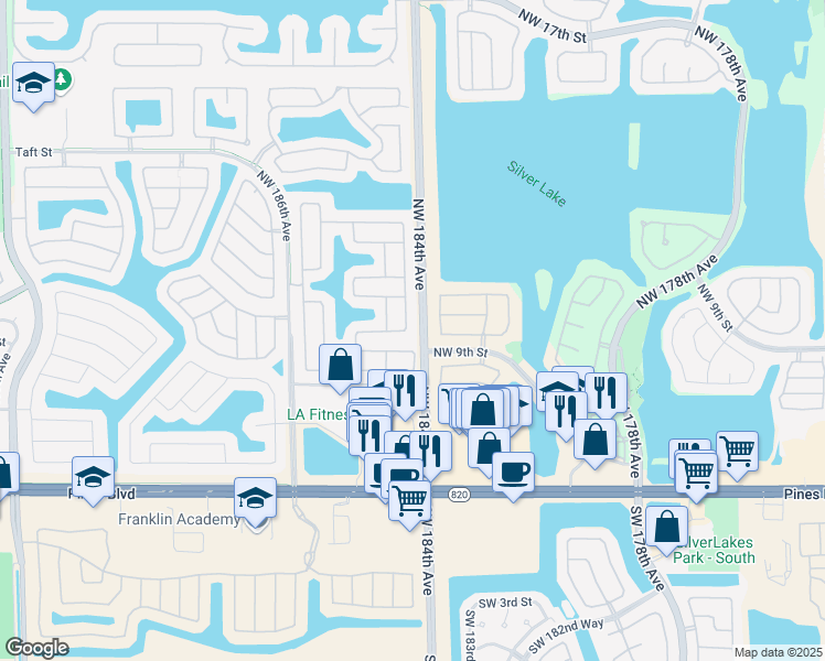 map of restaurants, bars, coffee shops, grocery stores, and more near 1011 Northwest 184th Terrace in Pembroke Pines
