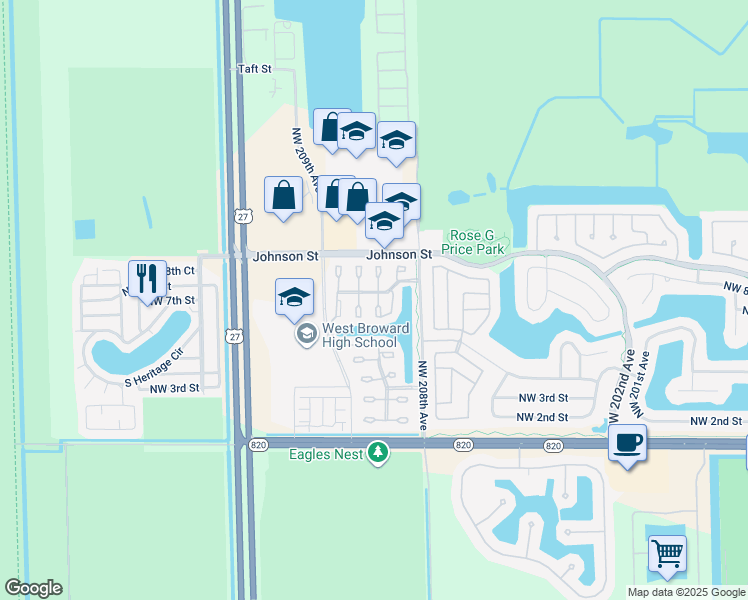 map of restaurants, bars, coffee shops, grocery stores, and more near 602 Northwest 208th Terrace in Pembroke Pines