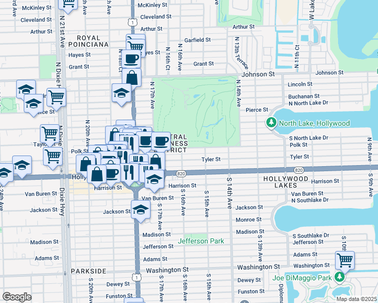 map of restaurants, bars, coffee shops, grocery stores, and more near 9 North 16th Avenue in Hollywood