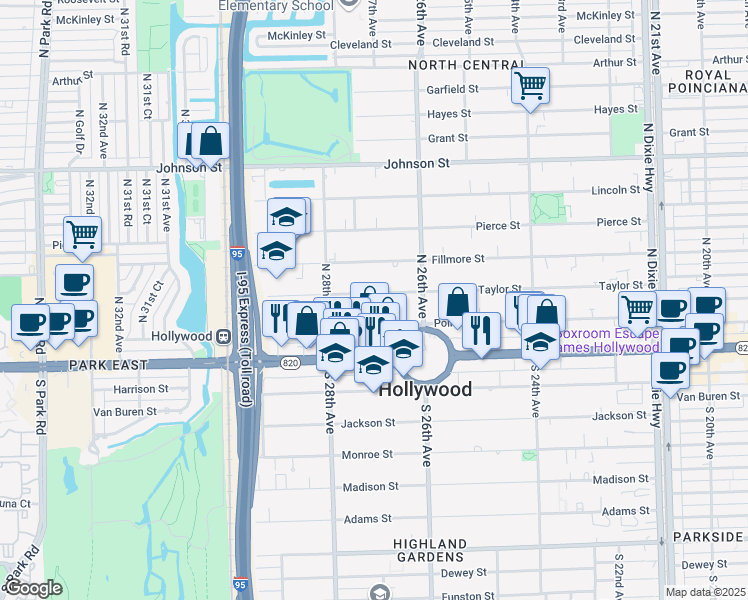 map of restaurants, bars, coffee shops, grocery stores, and more near 2700 Taylor Street in Hollywood