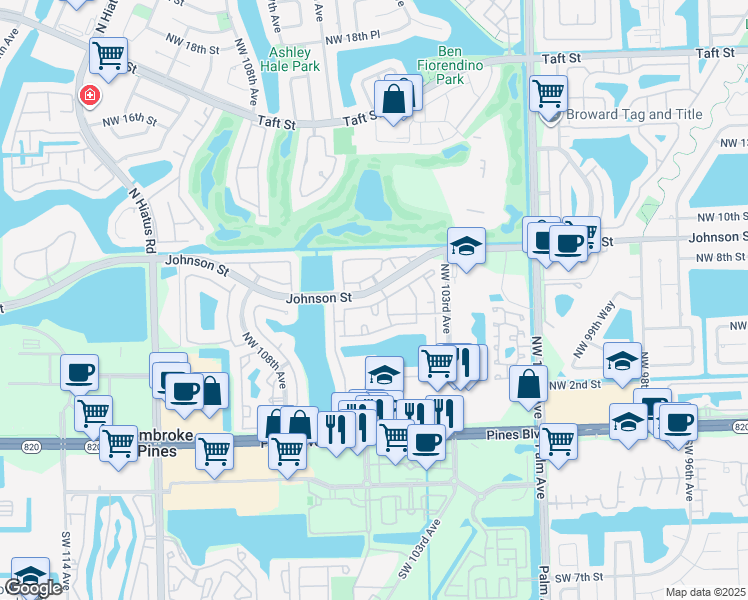 map of restaurants, bars, coffee shops, grocery stores, and more near 10561 Northwest 8th Street in Pembroke Pines