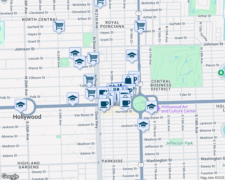 map of restaurants, bars, coffee shops, grocery stores, and more near 1999 Polk Street in Hollywood