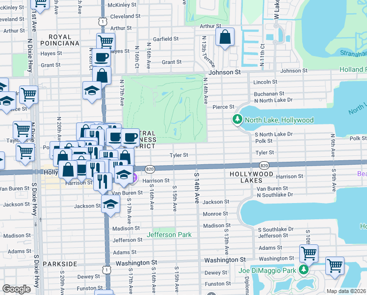 map of restaurants, bars, coffee shops, grocery stores, and more near 1421 Tyler Street in Hollywood
