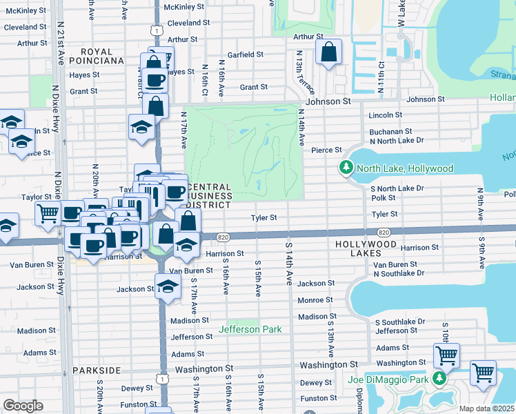 map of restaurants, bars, coffee shops, grocery stores, and more near 1509 Tyler Street in Hollywood
