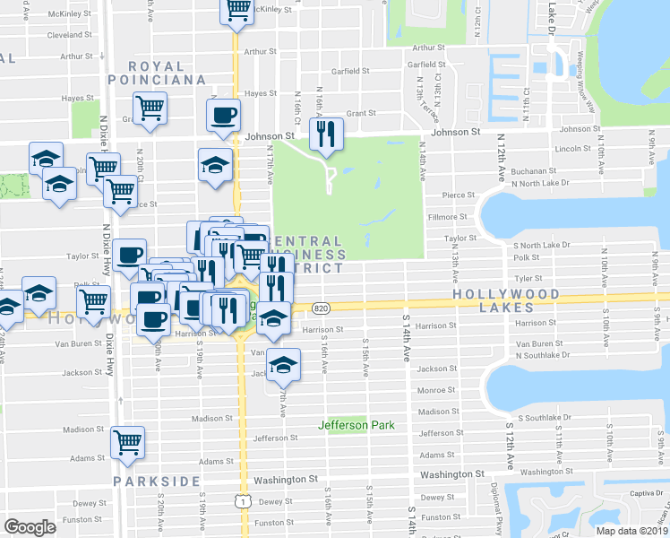 map of restaurants, bars, coffee shops, grocery stores, and more near 1555 Tyler Street in Hollywood