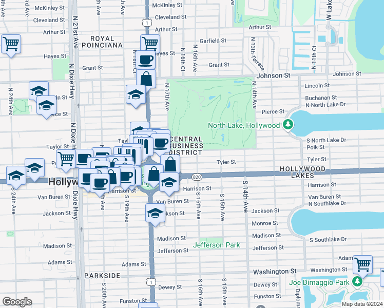 map of restaurants, bars, coffee shops, grocery stores, and more near 1555 Tyler Street in Hollywood