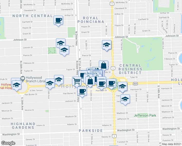 map of restaurants, bars, coffee shops, grocery stores, and more near 1942 Polk Street in Hollywood
