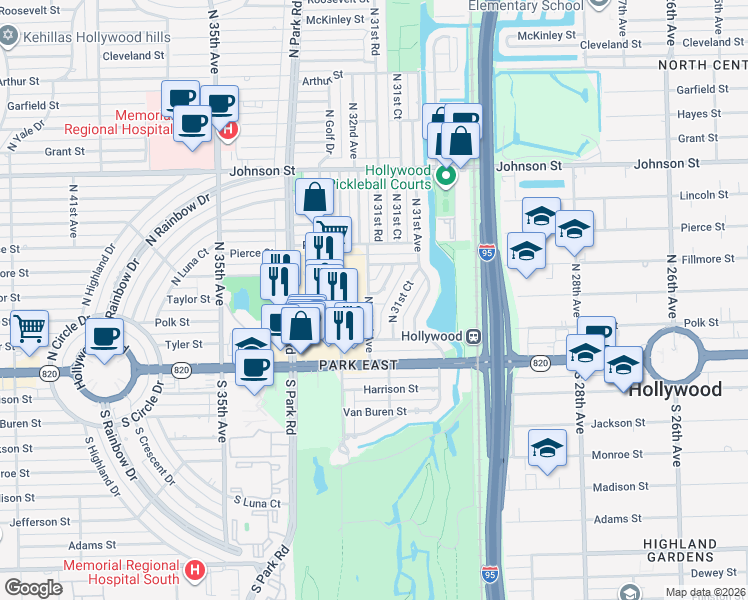 map of restaurants, bars, coffee shops, grocery stores, and more near 201 North 32nd Avenue in Hollywood