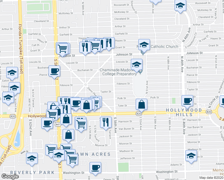 map of restaurants, bars, coffee shops, grocery stores, and more near 5614 Taylor Street in Hollywood