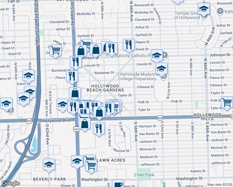 map of restaurants, bars, coffee shops, grocery stores, and more near 5700 Taylor Street in Hollywood