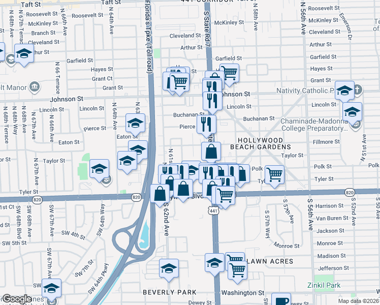 map of restaurants, bars, coffee shops, grocery stores, and more near 404 Northwest 60th Way in Hollywood