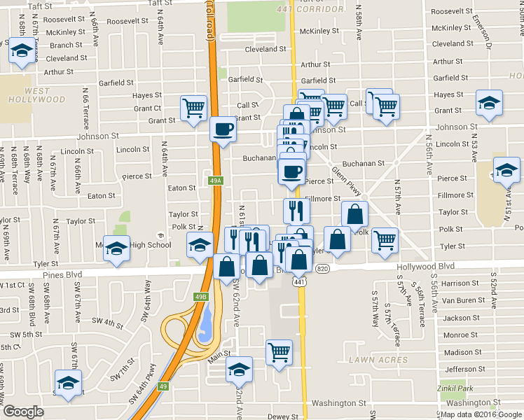 map of restaurants, bars, coffee shops, grocery stores, and more near 404 Northwest 60th Way in Hollywood