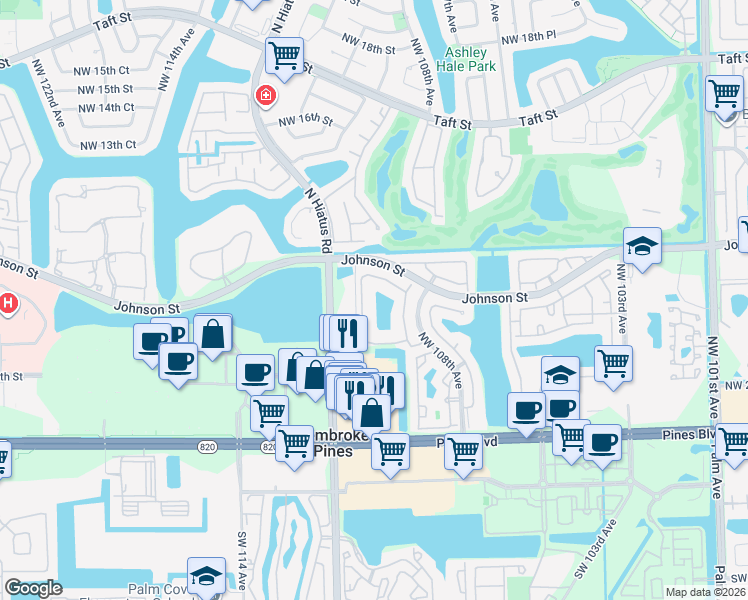 map of restaurants, bars, coffee shops, grocery stores, and more near 393 Northwest 108th Terrace in Pembroke Pines