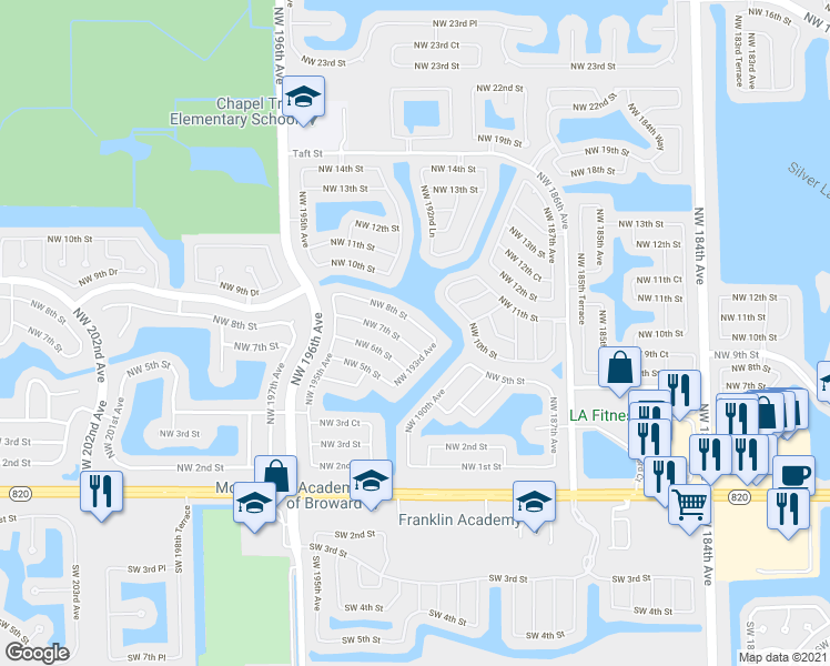 map of restaurants, bars, coffee shops, grocery stores, and more near 19340 Northwest 7th Street in Pembroke Pines