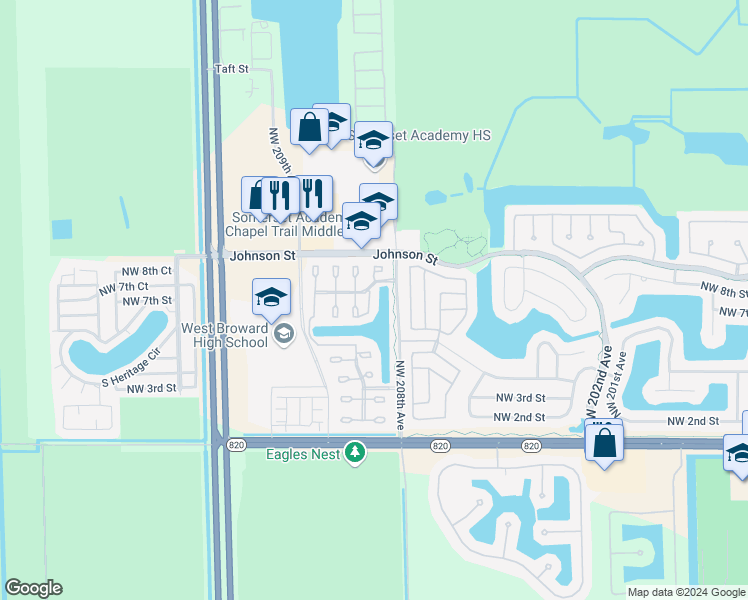 map of restaurants, bars, coffee shops, grocery stores, and more near 601 208th Circle in Pembroke Pines