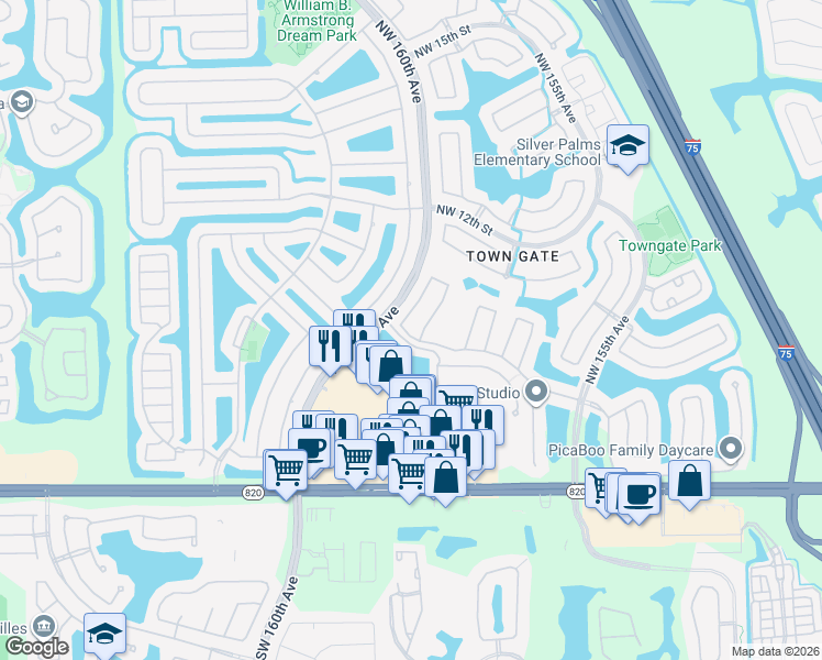 map of restaurants, bars, coffee shops, grocery stores, and more near 15909 Northwest 5th Street in Pembroke Pines