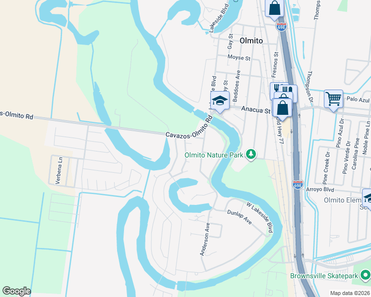 map of restaurants, bars, coffee shops, grocery stores, and more near 7220 Lago Viejo Boulevard in Brownsville