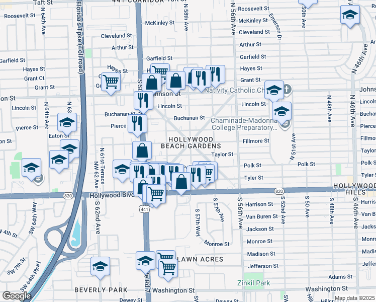 map of restaurants, bars, coffee shops, grocery stores, and more near 5740 Taylor Street in Hollywood