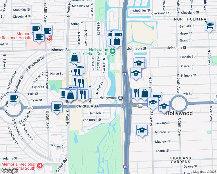 map of restaurants, bars, coffee shops, grocery stores, and more near 213 North 31st Avenue in Hollywood