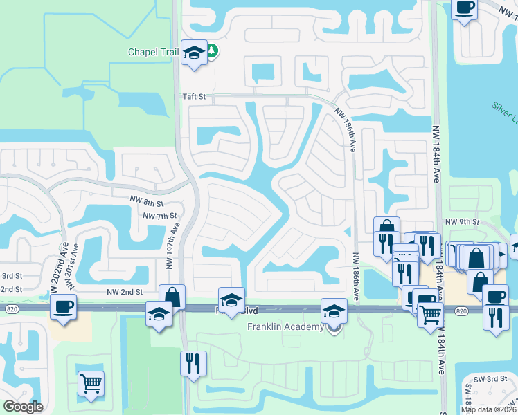map of restaurants, bars, coffee shops, grocery stores, and more near 19340 Northwest 7th Street in Pembroke Pines