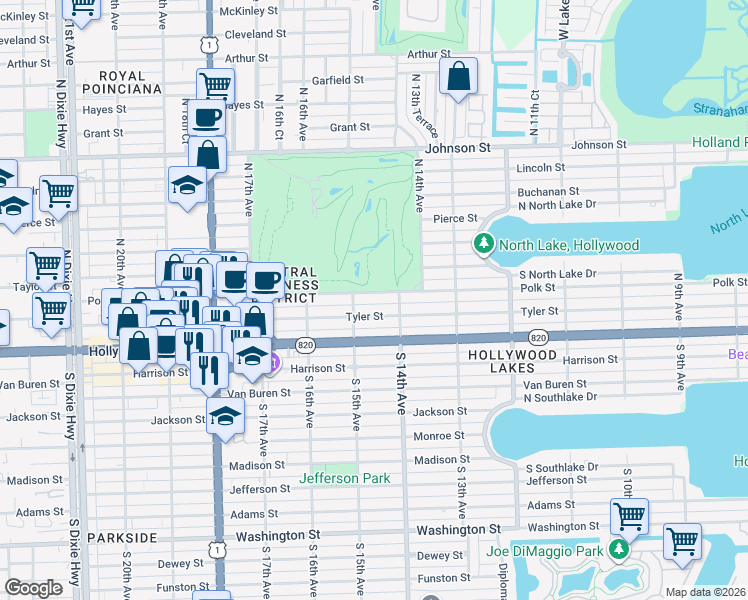 map of restaurants, bars, coffee shops, grocery stores, and more near 1421 Tyler Street in Hollywood