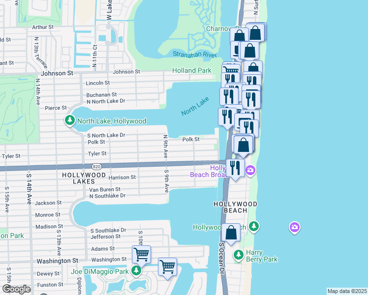 map of restaurants, bars, coffee shops, grocery stores, and more near 800 Tyler Street in Hollywood