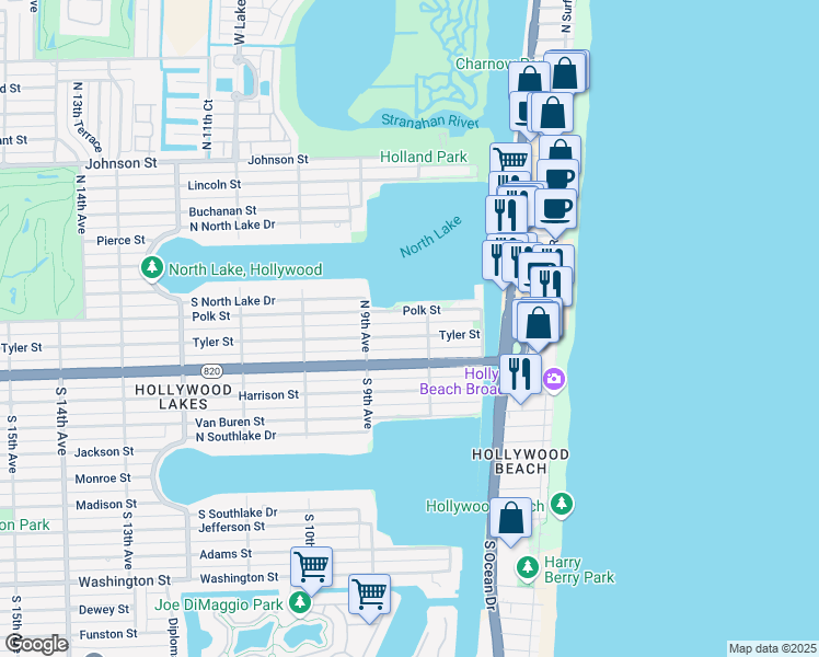 map of restaurants, bars, coffee shops, grocery stores, and more near 800 Tyler Street in Hollywood