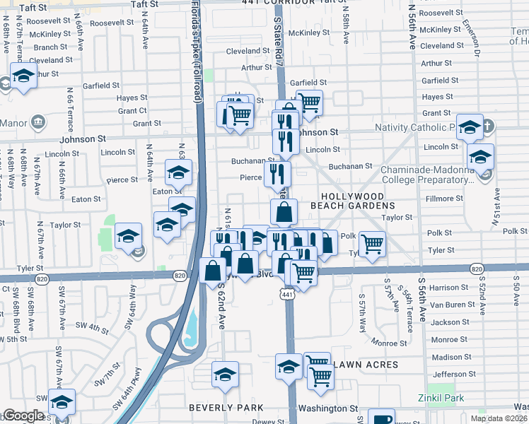 map of restaurants, bars, coffee shops, grocery stores, and more near 404 Northwest 60th Way in Hollywood