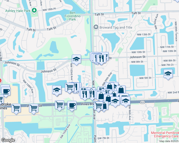 map of restaurants, bars, coffee shops, grocery stores, and more near 701 Promenade Drive in Pembroke Pines