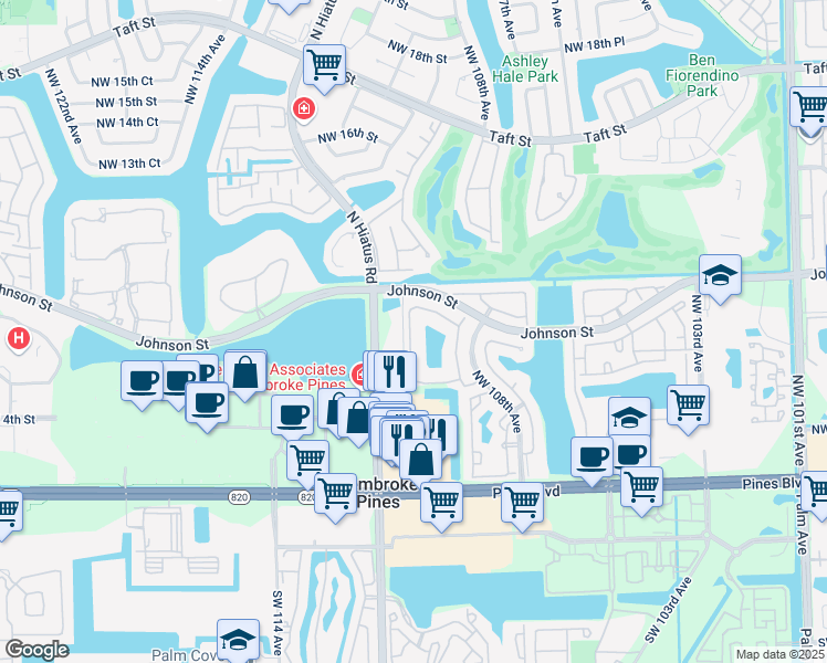map of restaurants, bars, coffee shops, grocery stores, and more near 393 Northwest 108th Terrace in Pembroke Pines