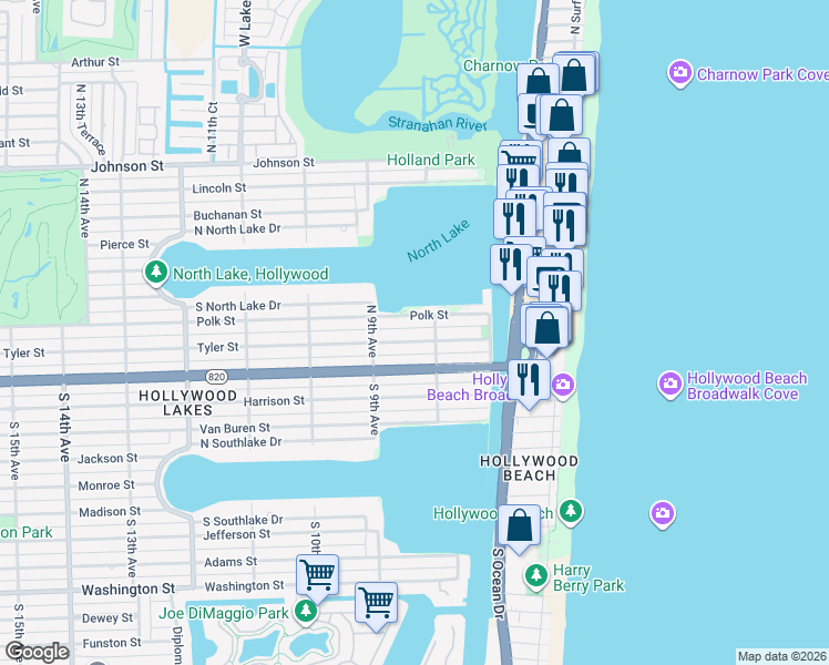 map of restaurants, bars, coffee shops, grocery stores, and more near 800 Tyler Street in Hollywood