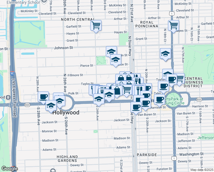 map of restaurants, bars, coffee shops, grocery stores, and more near 2235 Polk Street in Hollywood
