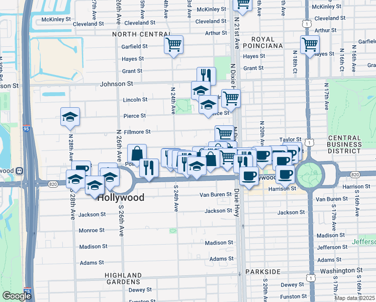 map of restaurants, bars, coffee shops, grocery stores, and more near 2325 Polk Street in Hollywood