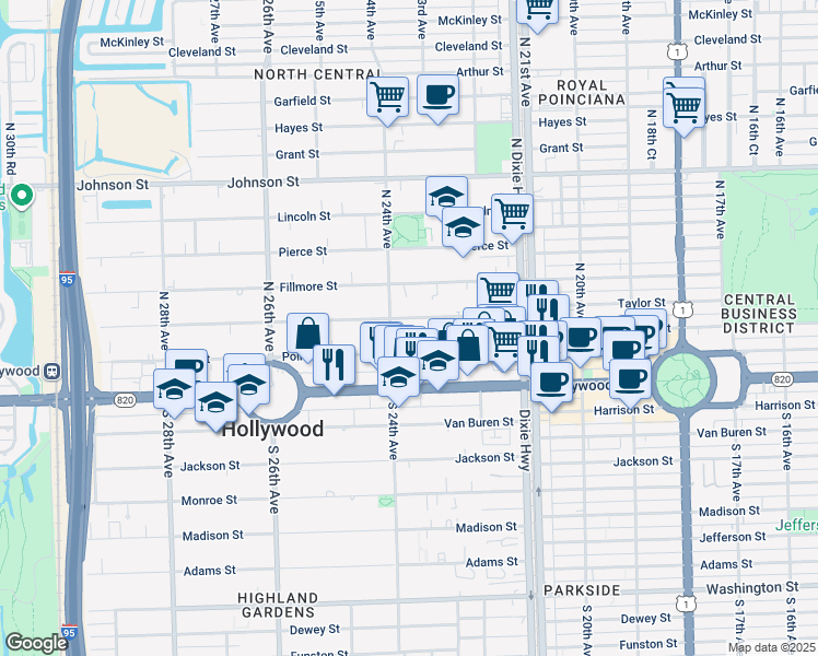 map of restaurants, bars, coffee shops, grocery stores, and more near 2325 Polk Street in Hollywood