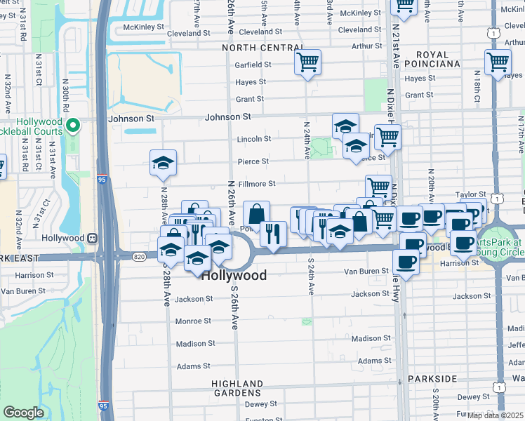 map of restaurants, bars, coffee shops, grocery stores, and more near 2461 Polk Street in Hollywood